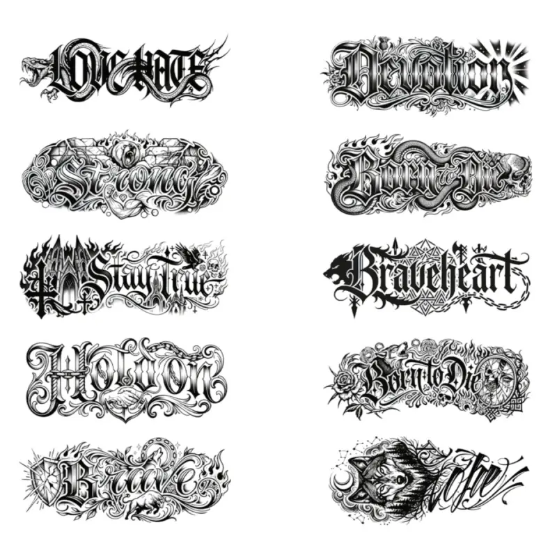 Chicano Gothic Script Temporary Tattoo Stickers, Vintage Letter Word Tattoo Art Fake Tattoos, Waterproof Dark Aesthetic Body Arm Tattoo for Men Women