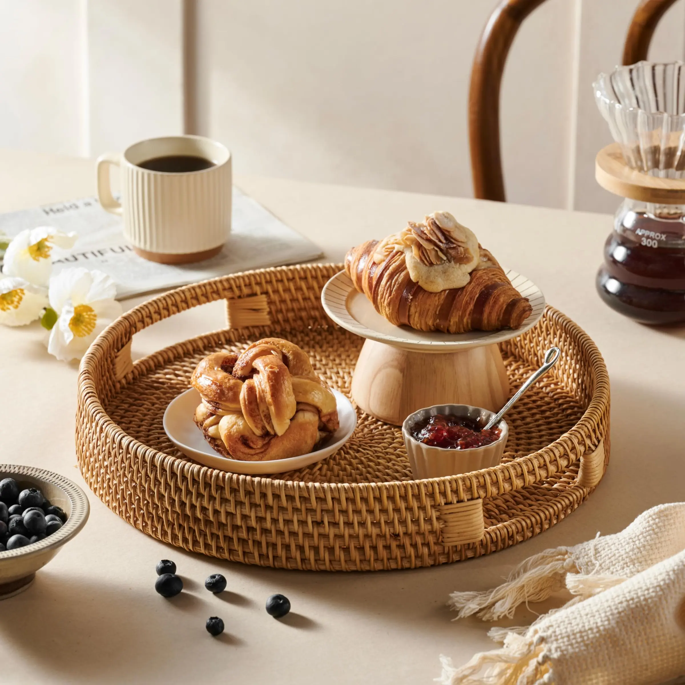 Hand-Woven Rattan Round Serving Tray, Eco Friendly Storage, Ottoman Hand-Woven Serving Basket with Handles, Fruit/Bread Serving Basket for Home Kitchen, Coffee Table, Couch Organiser 11.8 inch