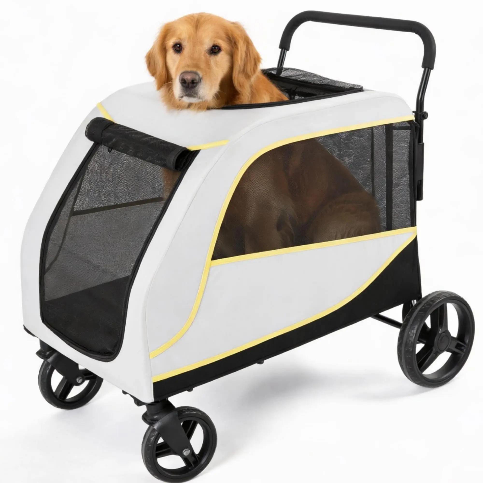 All-Terrain Dog Stroller for Large and Medium Pets – Dual Entry Collapsible Pet Wagon, One-Foot Brake, Breathable Mesh Canopy, Spacious Storage Basket, Supports Up to 176 lbs – Compact Outdoor Design