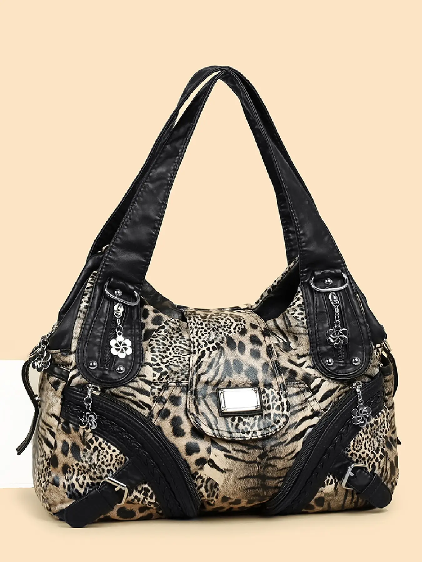 Y2K American Vintage Leopard Print Motorcycle Bag for Women, Large Capacity Tote with Detachable Strap, Casual Commute Crossbody Fashion Bag