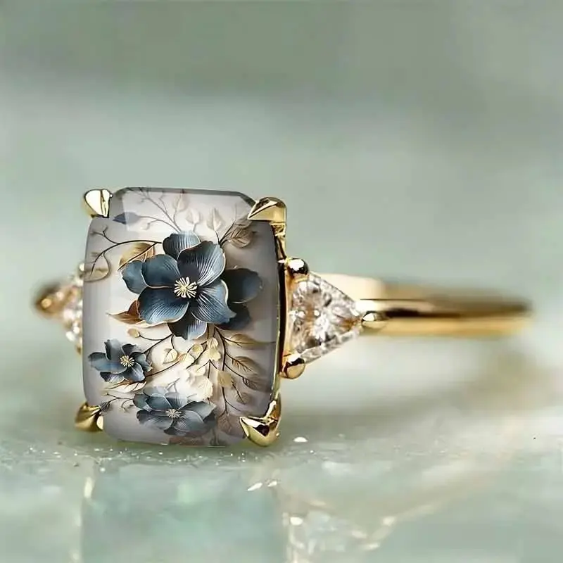 Blue Floral Art Ring for Women, Vintage Style Finger Jewelry with Oil Painting Effect for Daily Wear, Parties, and Gifting Artistic Flair Elegant Design