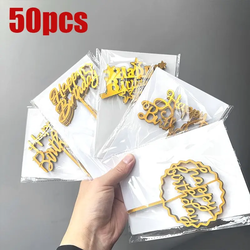 50pcs Happy Birthday Acrylic Cake Tops, Different styles Cake Golden glitter Decorative Toppers Decorations, Party Supplies, Modern Creative Alphabet Shapes Shapecreative baking supplies, Birthday Party Decoration gifts, Acrylic Material
