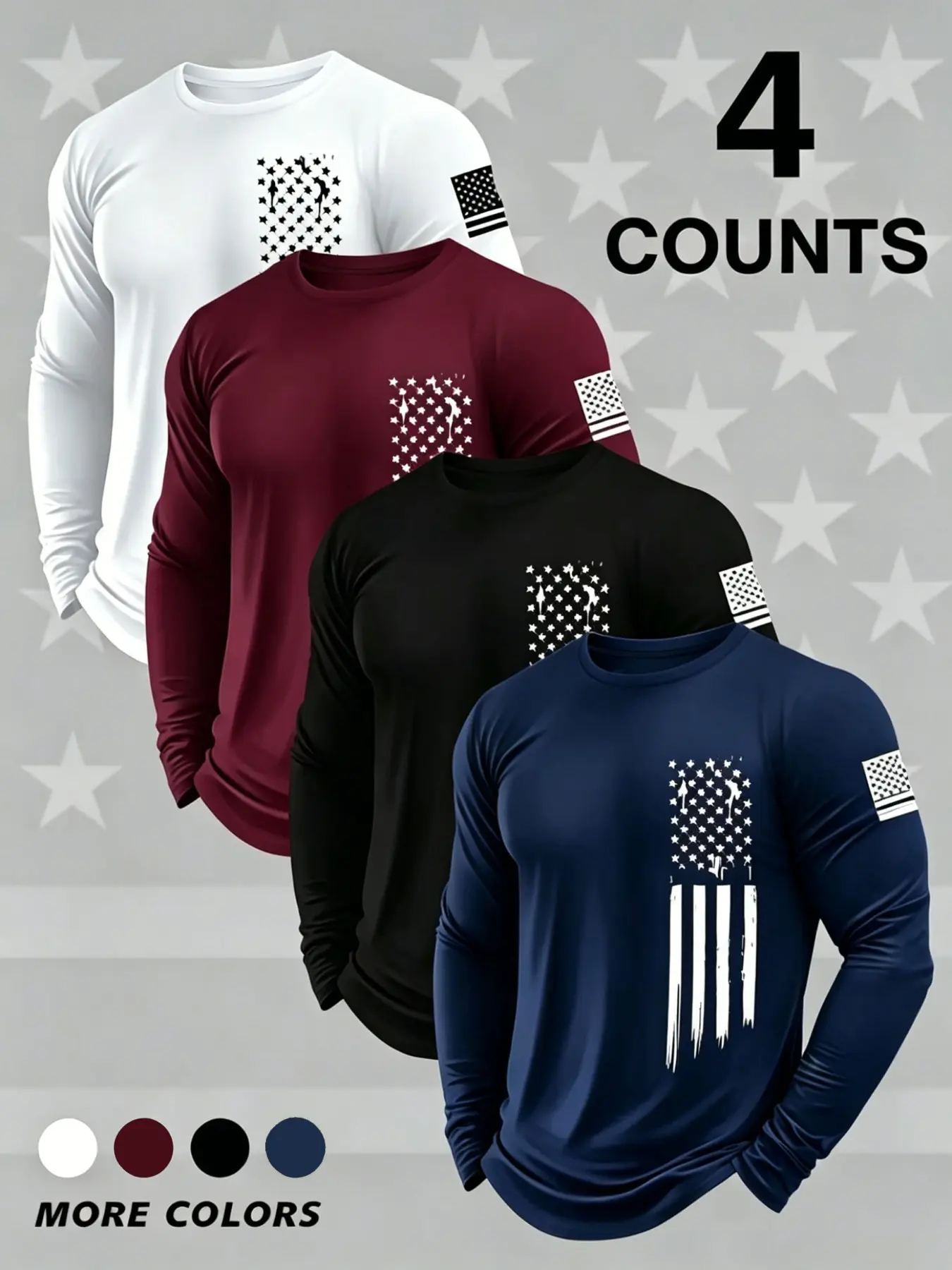 4-Pack Men's Round Neck Long Sleeve Flag Print T-Shirts, Casual Quick Dry Slight Stretch Tops for Gym, Running & Outdoor Activities