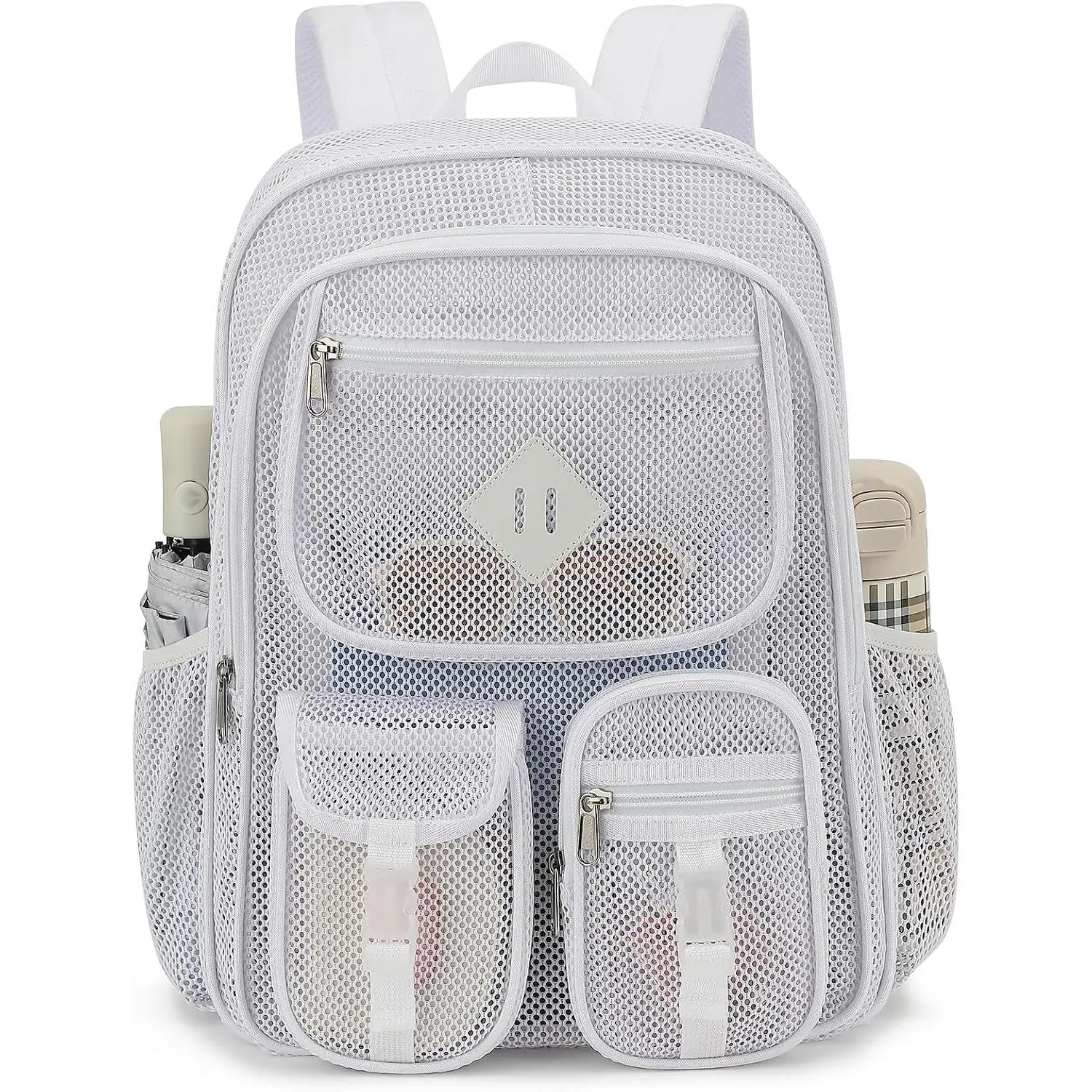 Mesh Backpack for Girls Boys , Heavy Duty Mesh Bookbag See Through Net Backpack for School Beach Swimming (White)