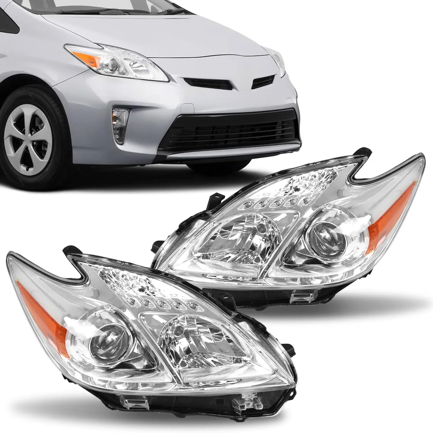 Headlight Assembly Compatible with 2010-2015 Toyota Prius Replacement for 8117047520 8113047520, Headlamp Head Lights Lamp Chrome Housing Clear Lens Left & Right Side -Not Fit for Prius C&V,f-150