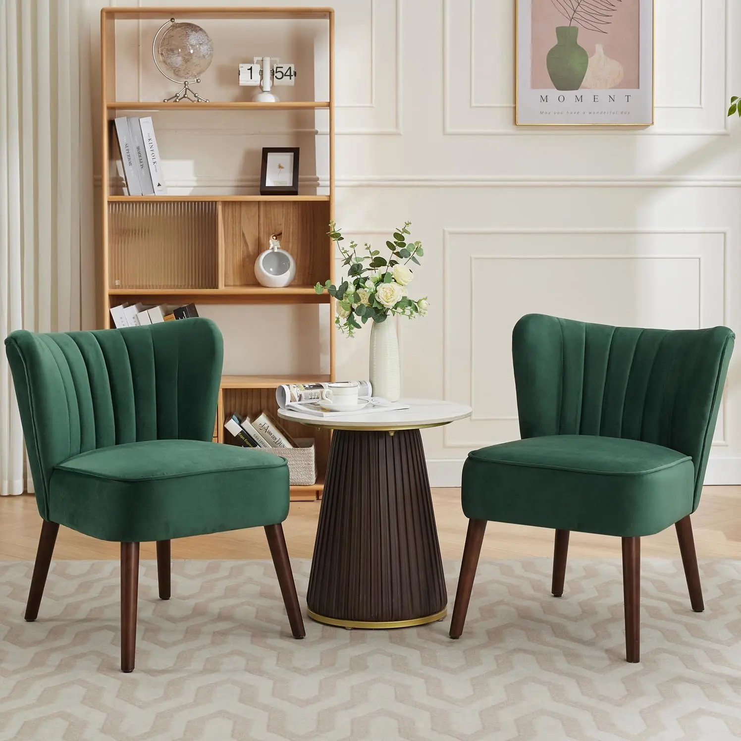 Set of 2 Mid-Century Modern Soft Accent Dining Chairs for Living Room - Upholstered Wingback Single Sofa - Wood Legs - Comfortable Lounge Chair for Bedroom, Dining Room