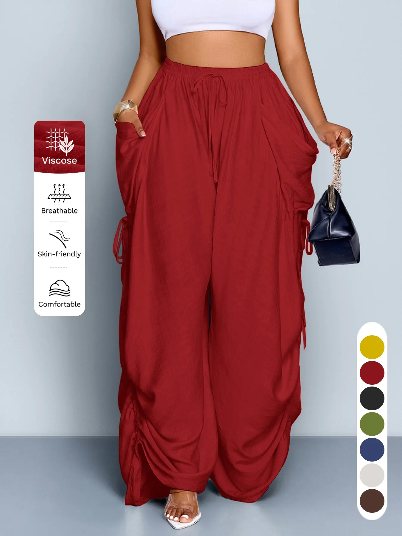 Women's Summer Solid Wide Leg Trousers, High-Waist Cargo Pants with Large Pockets, Adjustable Side Drawstrings, Lightweight Full-Length Pants for Commuting, Vacation & Daily Wear, Fabric