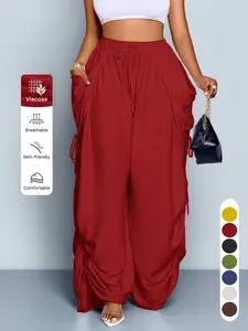 Women's Cargo Pants Summer Solid Casual Wide Leg Trousers High-Waist,Large Pockets,Side Drawstrings Adjustable,Lightweight Full-Length Pants,Commuting Vacation Daily Wear Female Pants Clothing