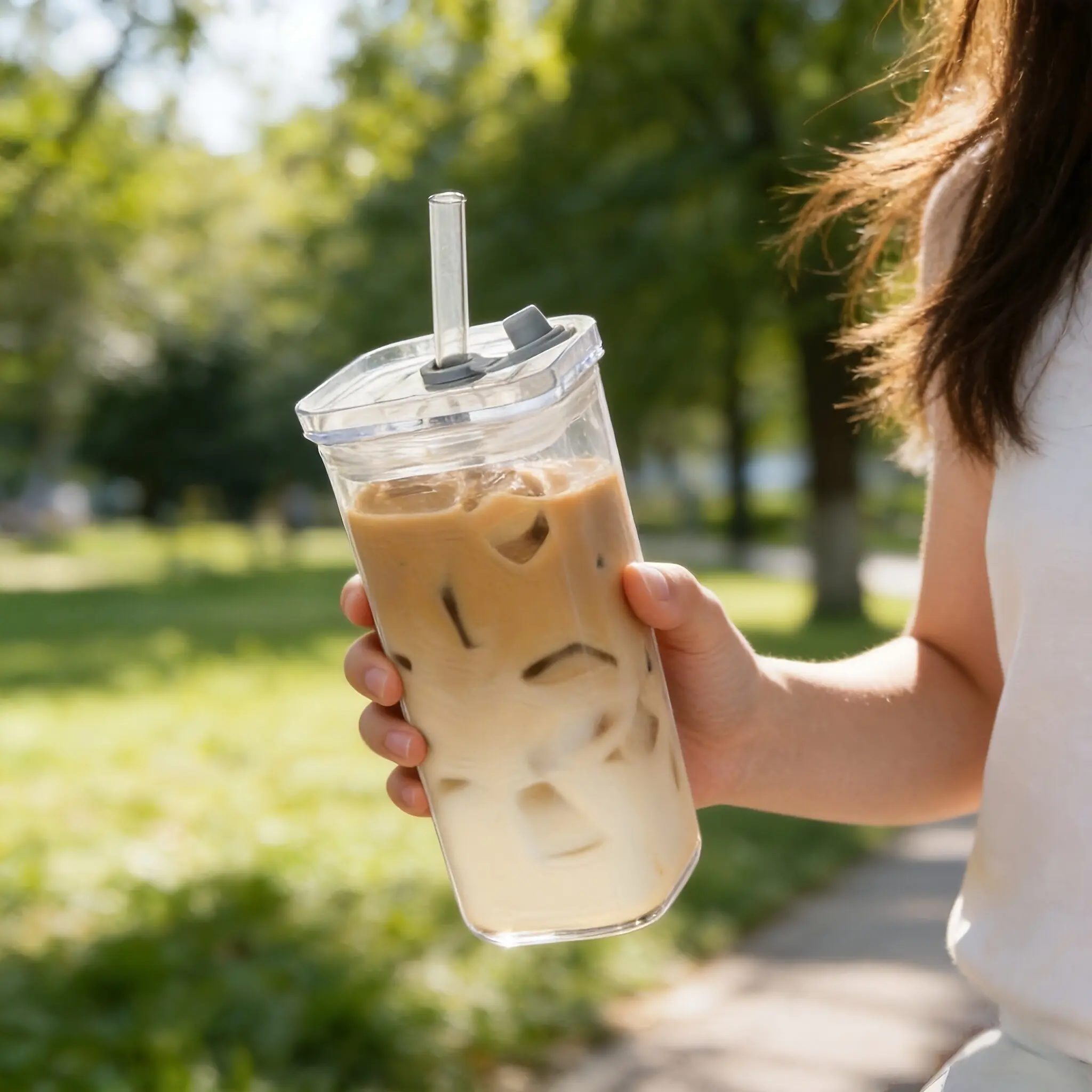 Square Glass Cup Set with Leak-Proof Lid and Straw, Reusable Coffee Mug, Heat Resistant Single Layer Juice Cup, Water Tumbler, Home Use