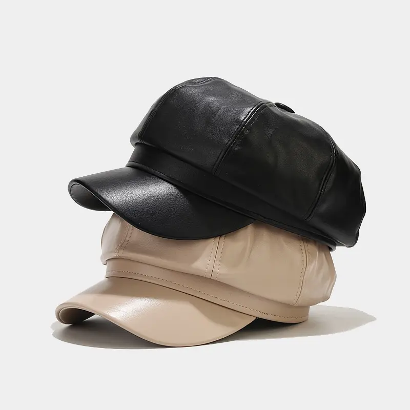 Women's Vintage 8-Panel Faux Leather Newsboy Hat - Solid Retro Cabbie Cap with Visor, Soft PU Leather Bonnet for Autumn Winter Casual Use, Baker Boy Style (Black, Beige)