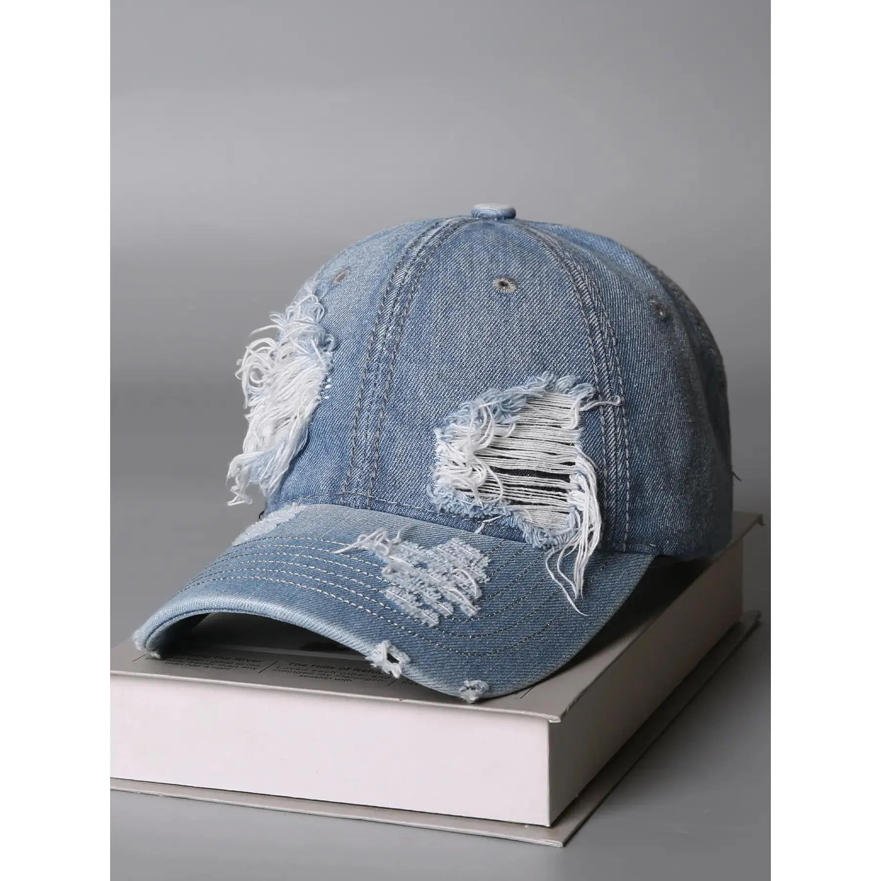 Trending Washed Denim Fabric Hats, Unisex Retro Distressed Fitted Baseball Cap for All-Seasons Streetwear