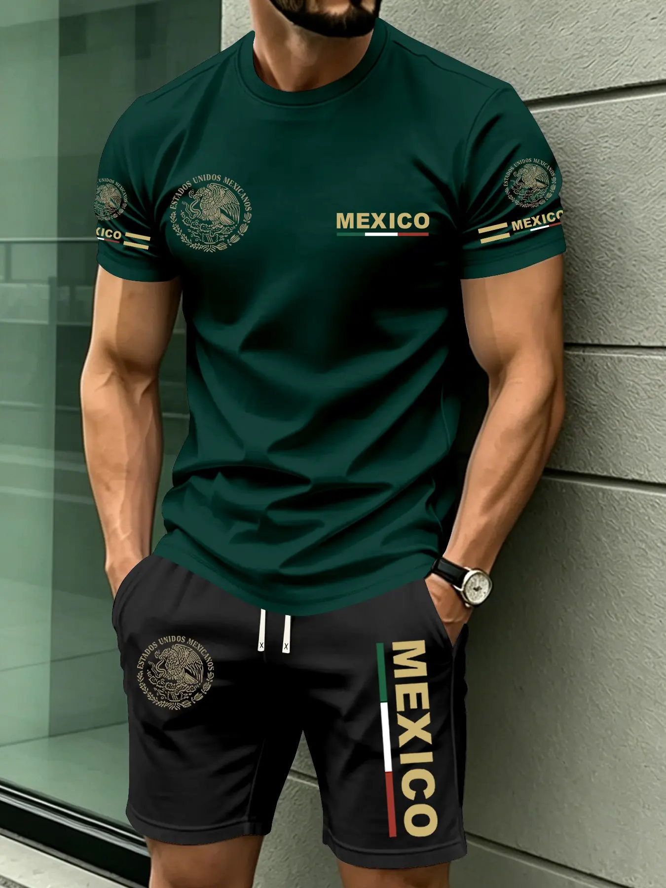 Men's Summer Casual 2-Piece Set, Round Neck Short Sleeve Tee + Drawstring Pocket Track Shorts, Mexican Retro Emblem Print, Trendy Daily Wear