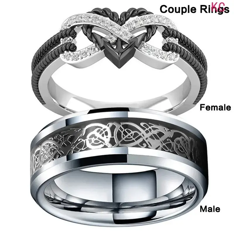 Stainless Steel Black Heart Couple Ring Set, Versatile Finger Jewelry for European and American Couples Daily Outfit Matching Accessory