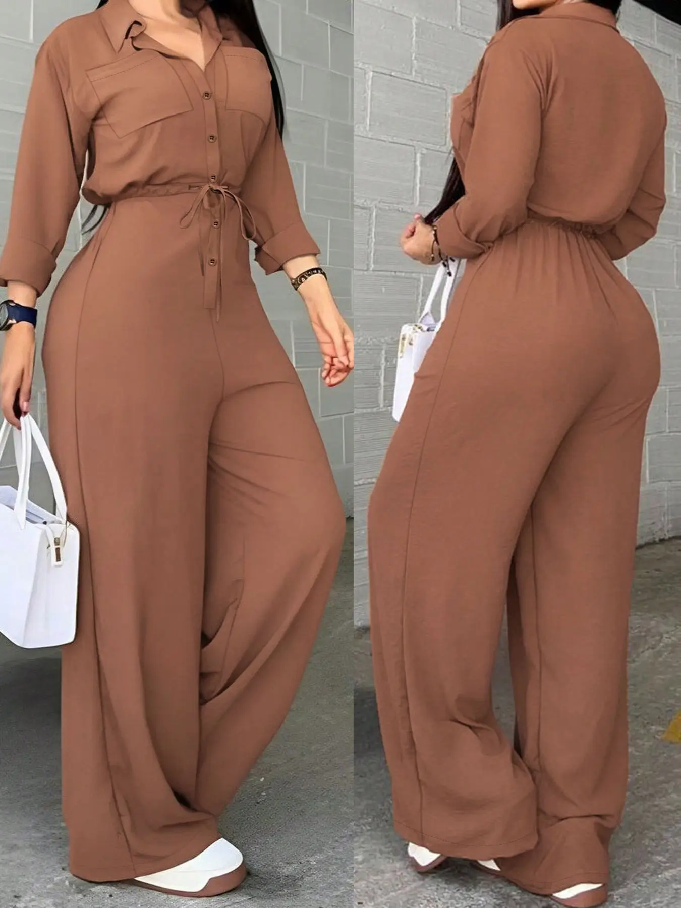 Women's Loose Belted Jumpsuit, Casual Shirt-Style Long Sleeve, High Waist for Spring & Fall