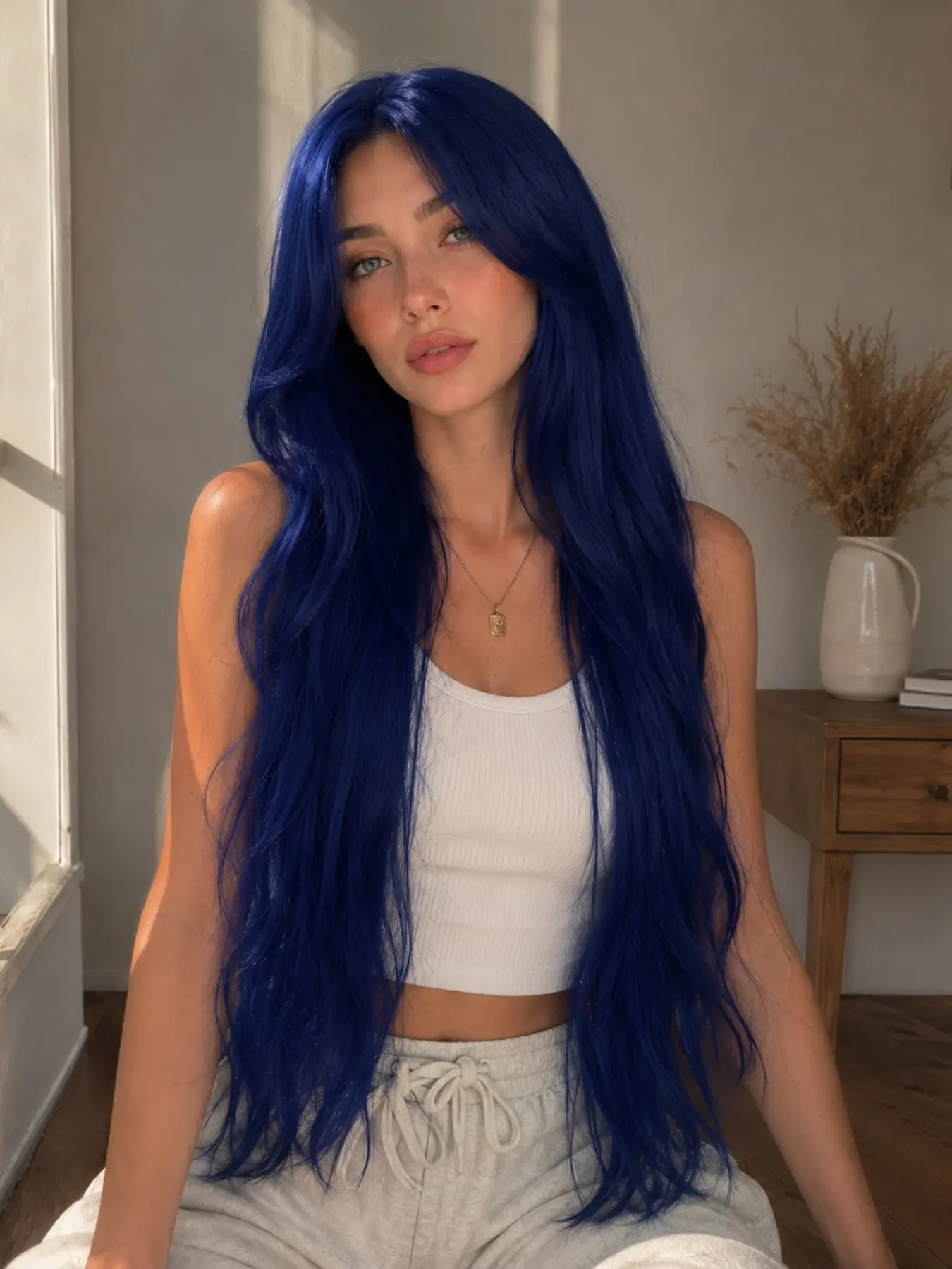40-Inch Royal Blue Wavy Synthetic Full Wig, Modern Style, Daily Wear, Ideal for Female Performers, Role-Playing Design