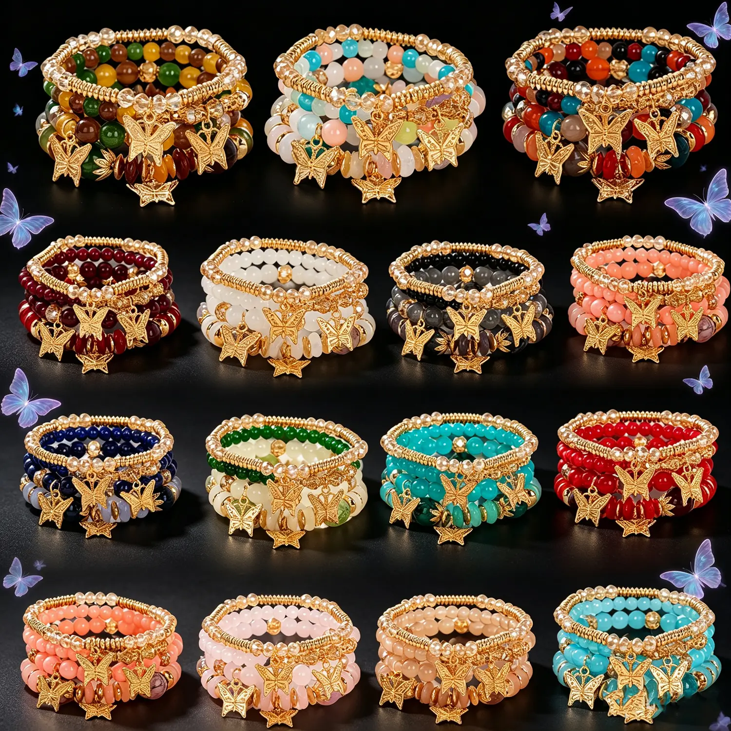Women's Stackable Charm Bracelets Set - 24pcs (6 Sets) Mix-Color Boho Multilayer Beaded, Star Butterfly Charm, Crystal Glass Bead Stretch Bracelets, Casual Wear Costume Jewelry