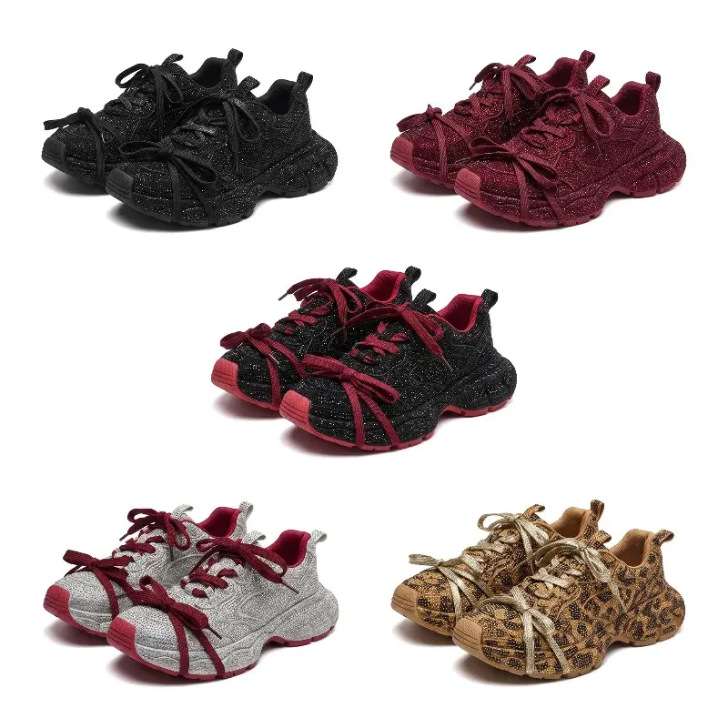 Cozy Chunky Dad Sneakers For Women Breathable Mesh Lining Synthetic Leather Thick Sole Comfortable Casual Sports Shoes Starry Sky Rhinestone Design Trendy Autumn