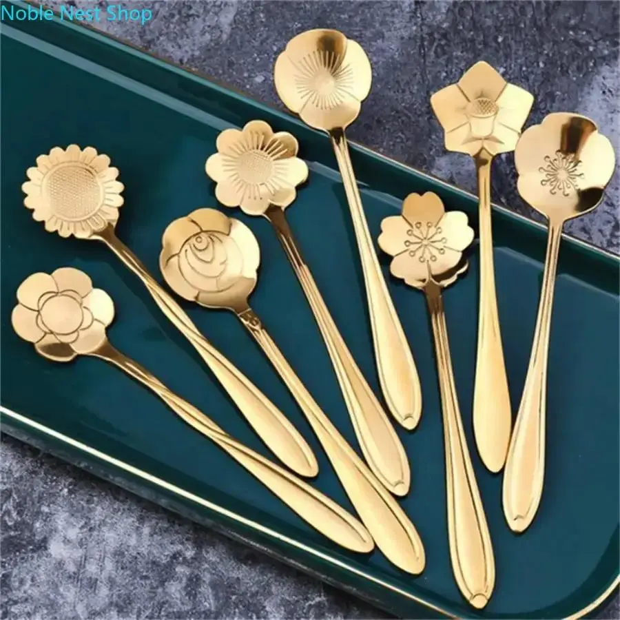 8-Pack Flower Shape Luxury Carved Stainless Steel Cutlery Set, Multipurpose Metal Utensils Tableware for Coffee, Tea, Honey Use, Home Kitchen Dining & Holiday Gift, Sturdy, Serving Spoon