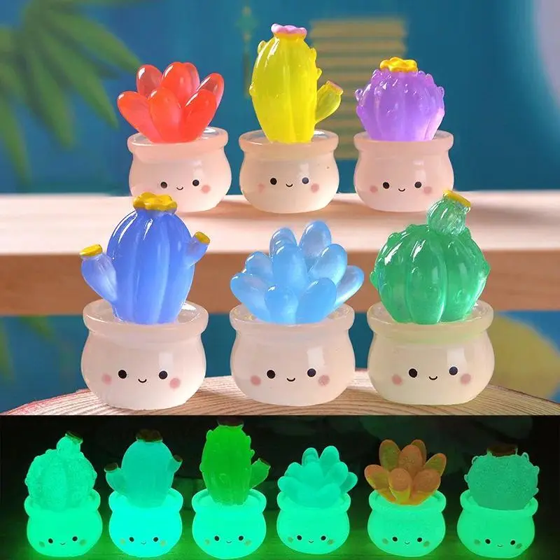 6-Piece Kawaii Luminous Succulent Cactus Figurines - Non-Woven Fabric Ornaments, Whimsical Gifts for Home, Car Decor & Microscape Garden Decor Accessories