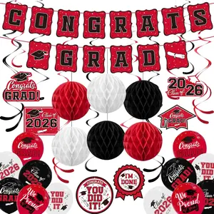 2026 Graduation Party Supplies Kit Grad Decor Set with Congrats Grad Banner Class of 2026 Hanging Swirls Graduation Balloons and Honeycomb Balls Ideal for High School and College Celebrations Red