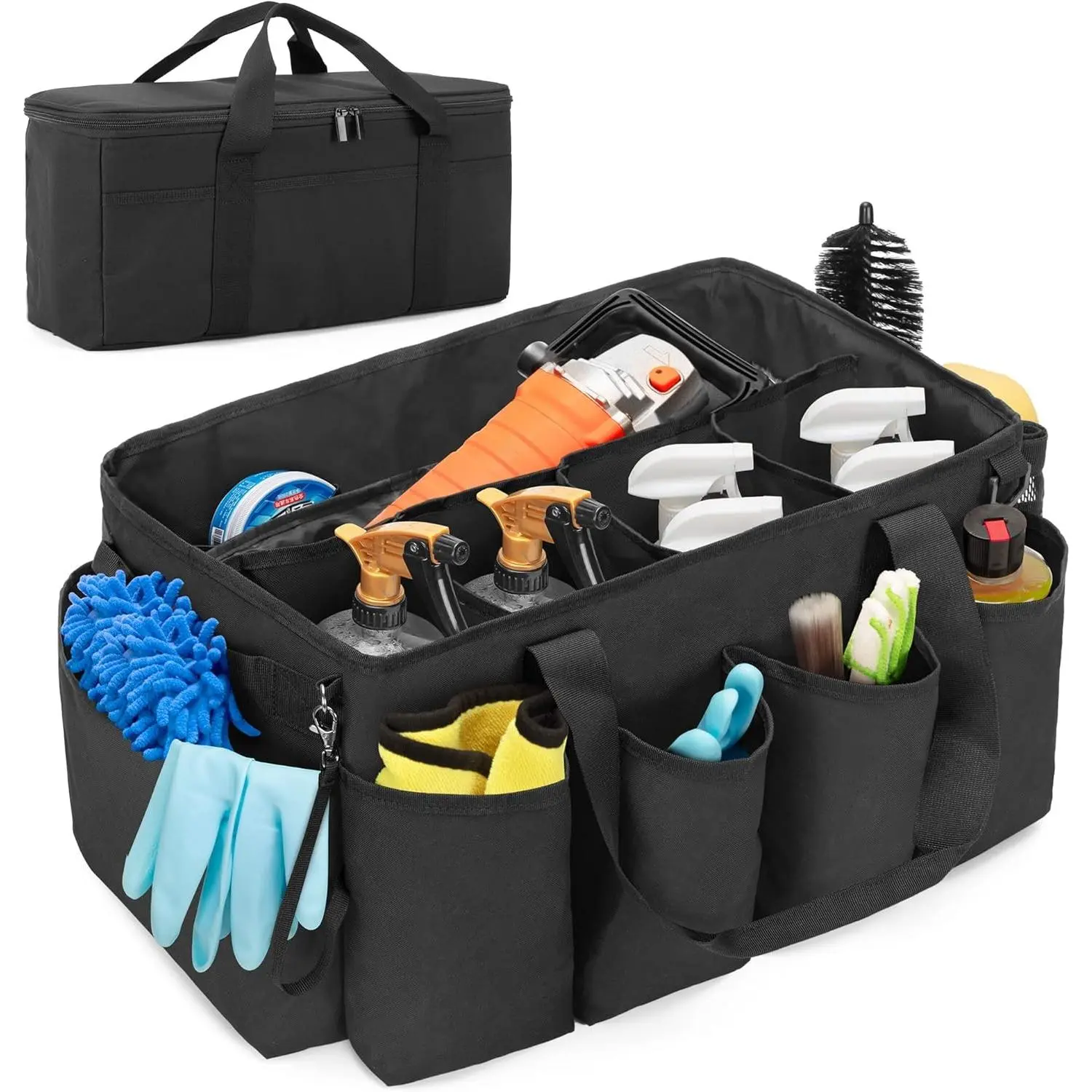 Detailing Bag with Polisher Carry Bag, Large Detail Car Care Box for Auto Detailing Supplies, Car Wash Caddy & Trunk Organizer for Buffer Bottle Towel & Cleaning Kit, Black, Patent Design