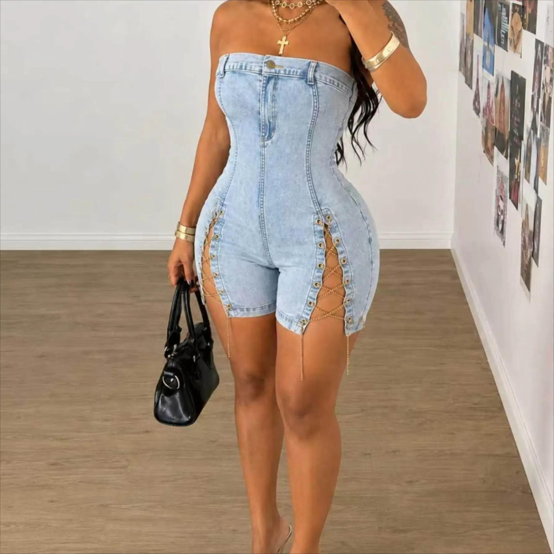 Women's New Summer Cotton Strapless Sleeveless No-Shoulder Slim-Fit Denim Jumpsuit with Chain Design, XXL, Machine Washable