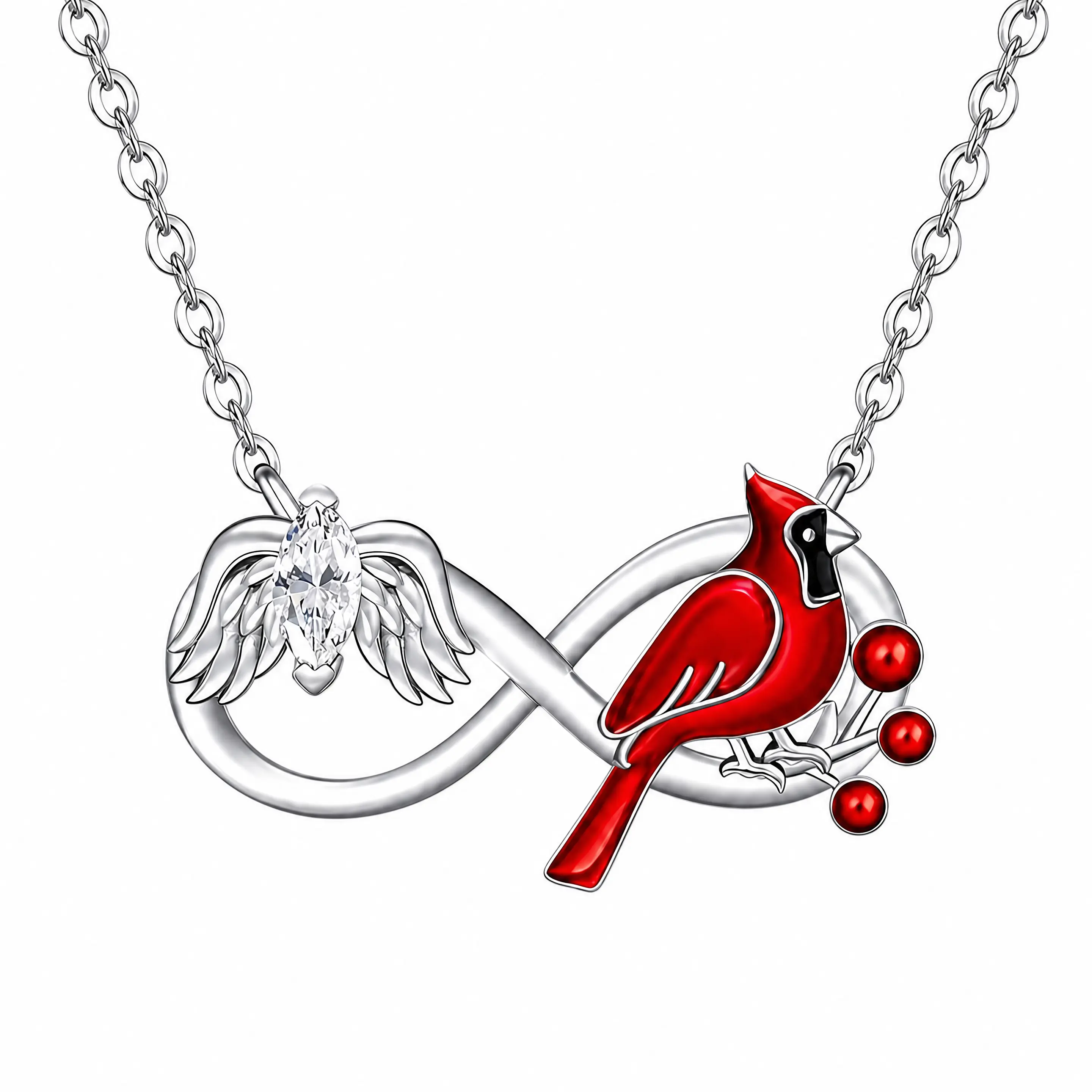 Women Infinity Cardinal Bird Pendant Necklace, Wing Cubic Zirconia Enamel Fashion Memorial Jewelry, Silver Plated Accessory