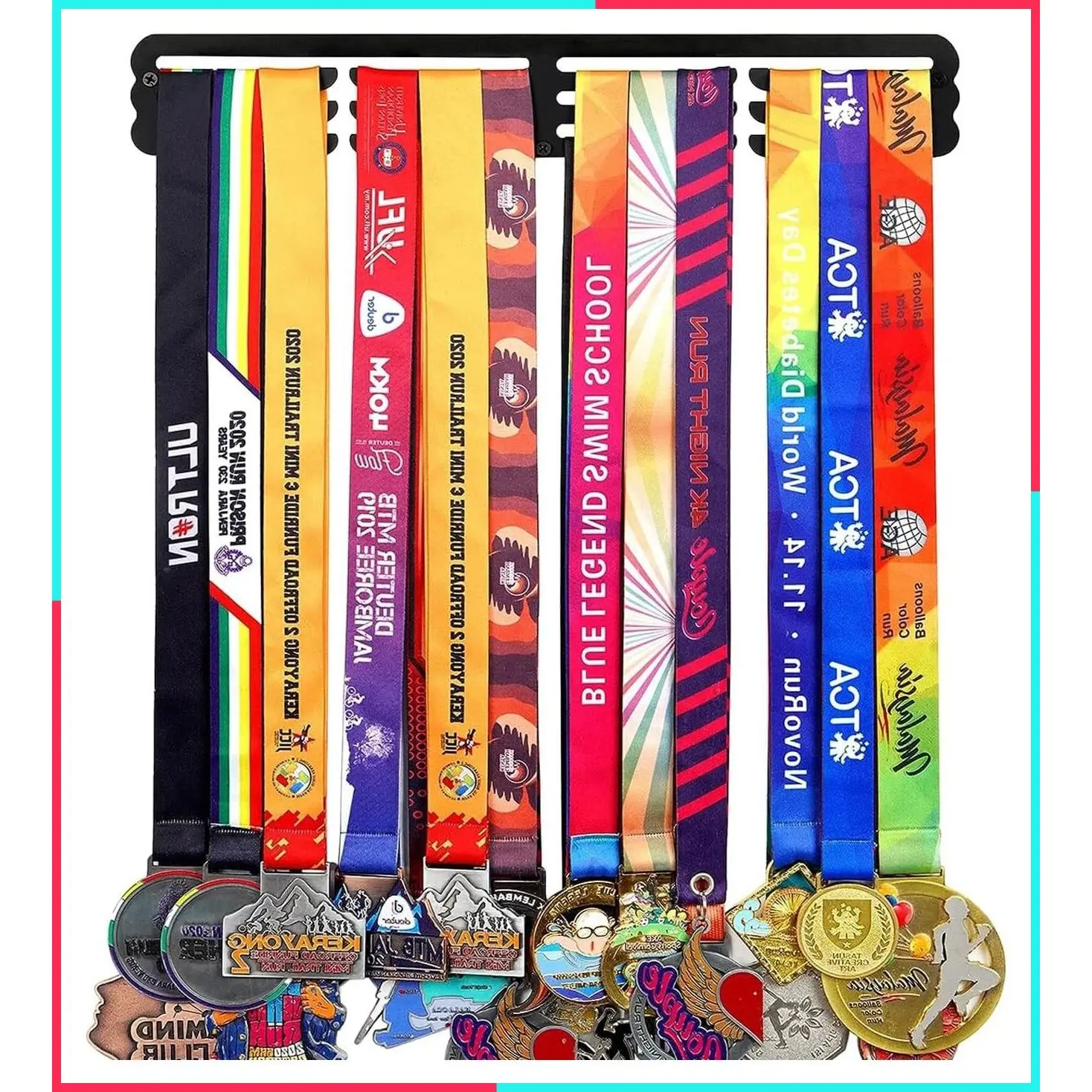 Medal Hanger Display Rack Wall Mount - Holds Up to 60 Medals, Award Ribbon Organizer for Sports Race Runner Gymnastics Plaques, Personalized Athlete Medal Holder - Never Give Up