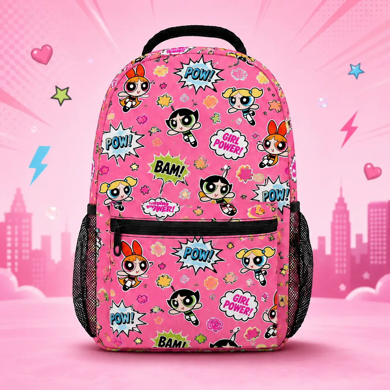 The Powerpuff Girls Pink Kids Backpack, Cartoon School Bookbag with Front Zipper Pocket, Side Mesh Pockets, Padded Straps for Back to School,cool,packs,business,,3-piece,set,,multi-pocket,,outdoor,sport,Print,Casual Travel Backpack