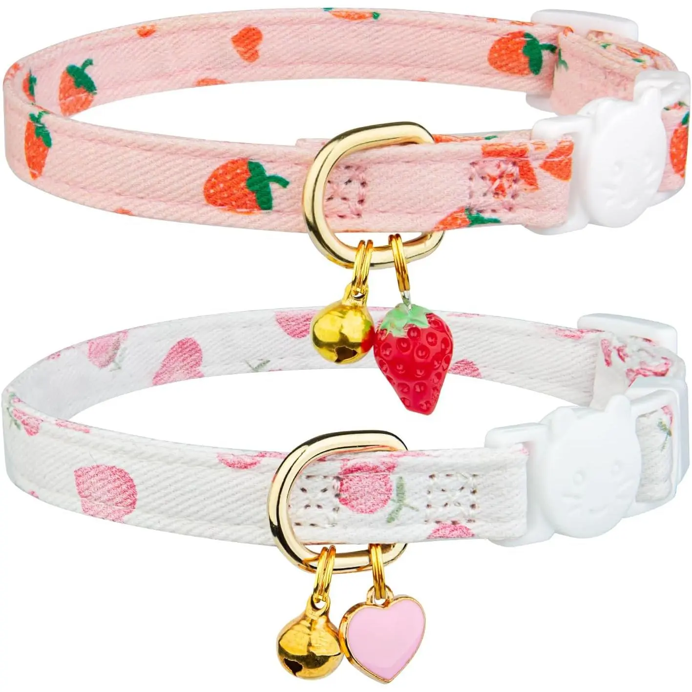 2 Pack Cotton Breakaway Cat Collar Pink Strawberries and White Heart Shaped Pendant Cute Kitten Cat Collar with Bell, Adjustable Pet Accessories For Small Dogs&Cats, Pet Supplies