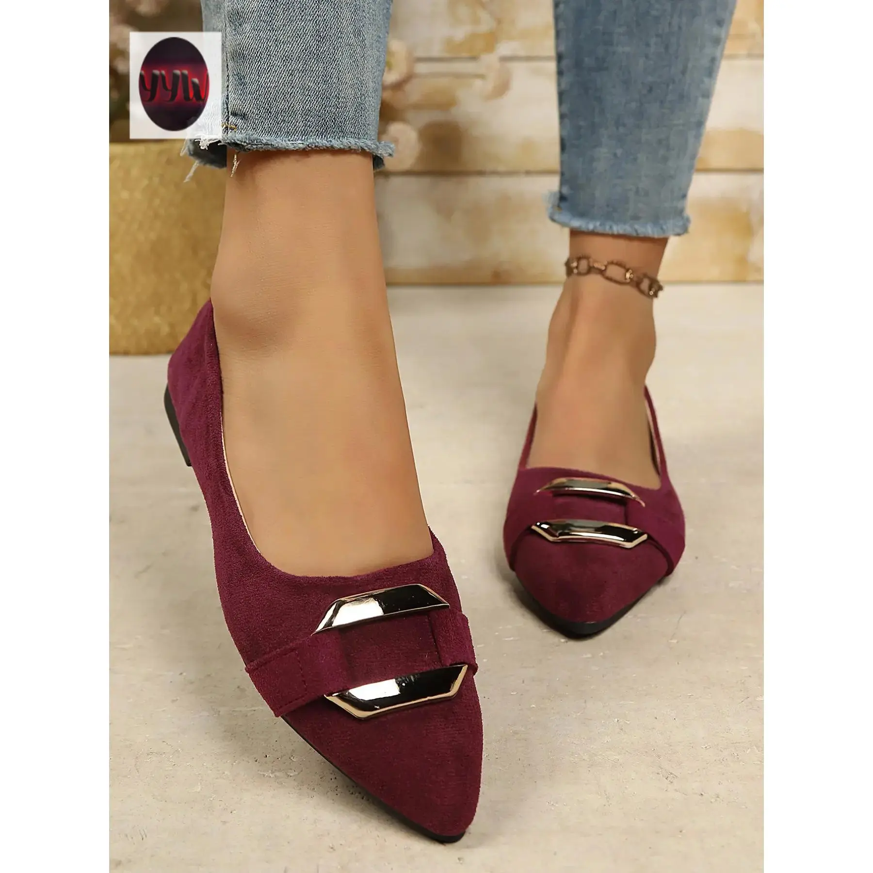 YYW1 Women's Embellished Plain Knit Slip-On Pointed Toe Low-Top Flats, Comfortable Rubber Sole, Ideal for Spring & Fall Seasons
