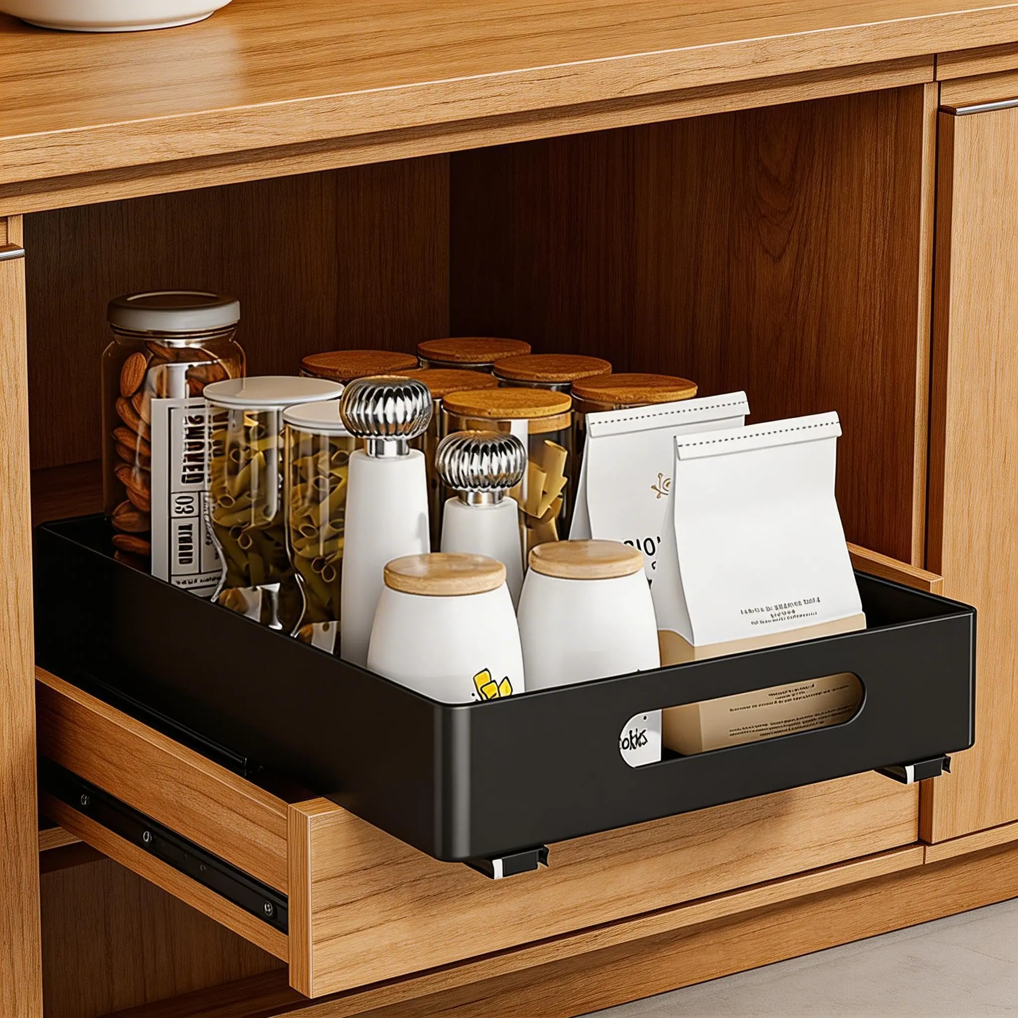 Garvee No-Drill Pull-Out Cabinet Organizer Drawer - Heavy-Duty Expandable Slide-Out Mesh Basket w/ Handle, Peel-and-Stick Adhesive Mount for Under basin, Bathroom Vanity & Pantry, 37x26x8 cm - Black