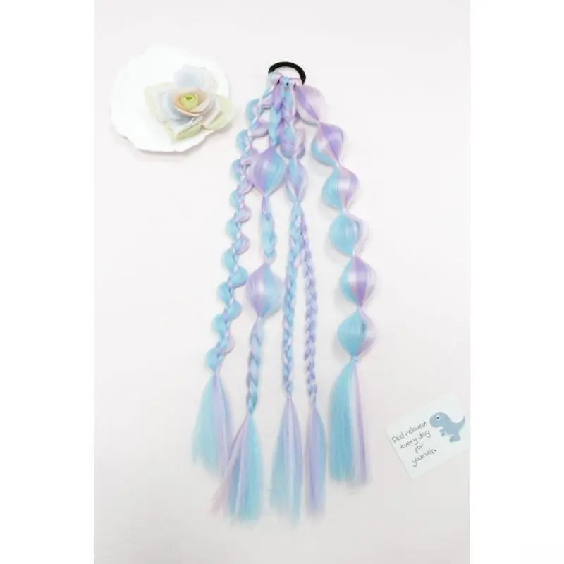 Girly Fashionable Cherry Design Keychain Charm with Hair Tie - Ombre Bubble Braid Synthetic Fiber Blue-Purple Ponytail Extension, Lightweight Handmade Daily Accessory, Nylon Purse Car Interior Classic Bag Charm