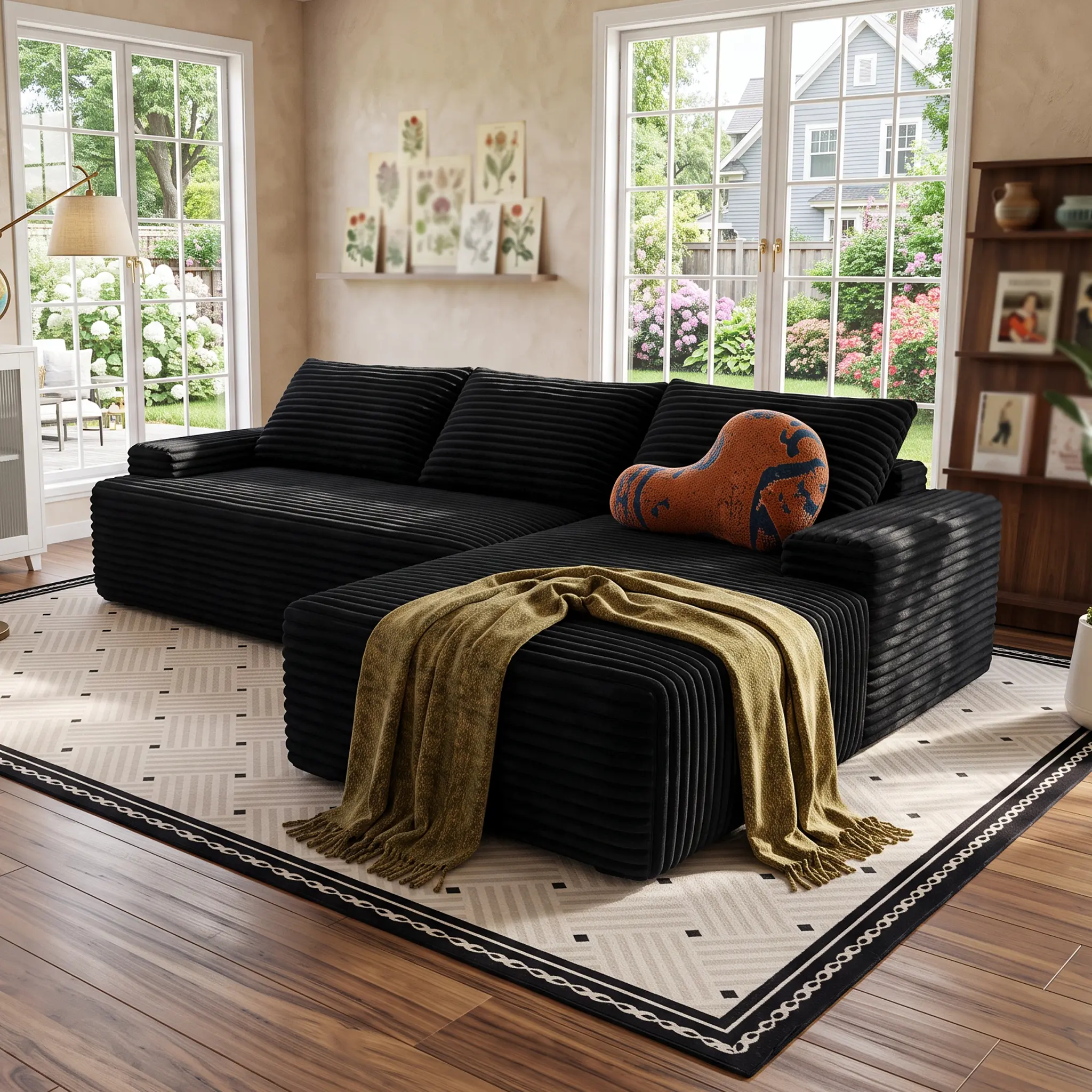 Black corduroy non-frame L-shaped sofa set, vacuum-compressed cloud sofa, with a chaise longue section, no assembly required, deep-seated modular design, suitable for living rooms and apartments