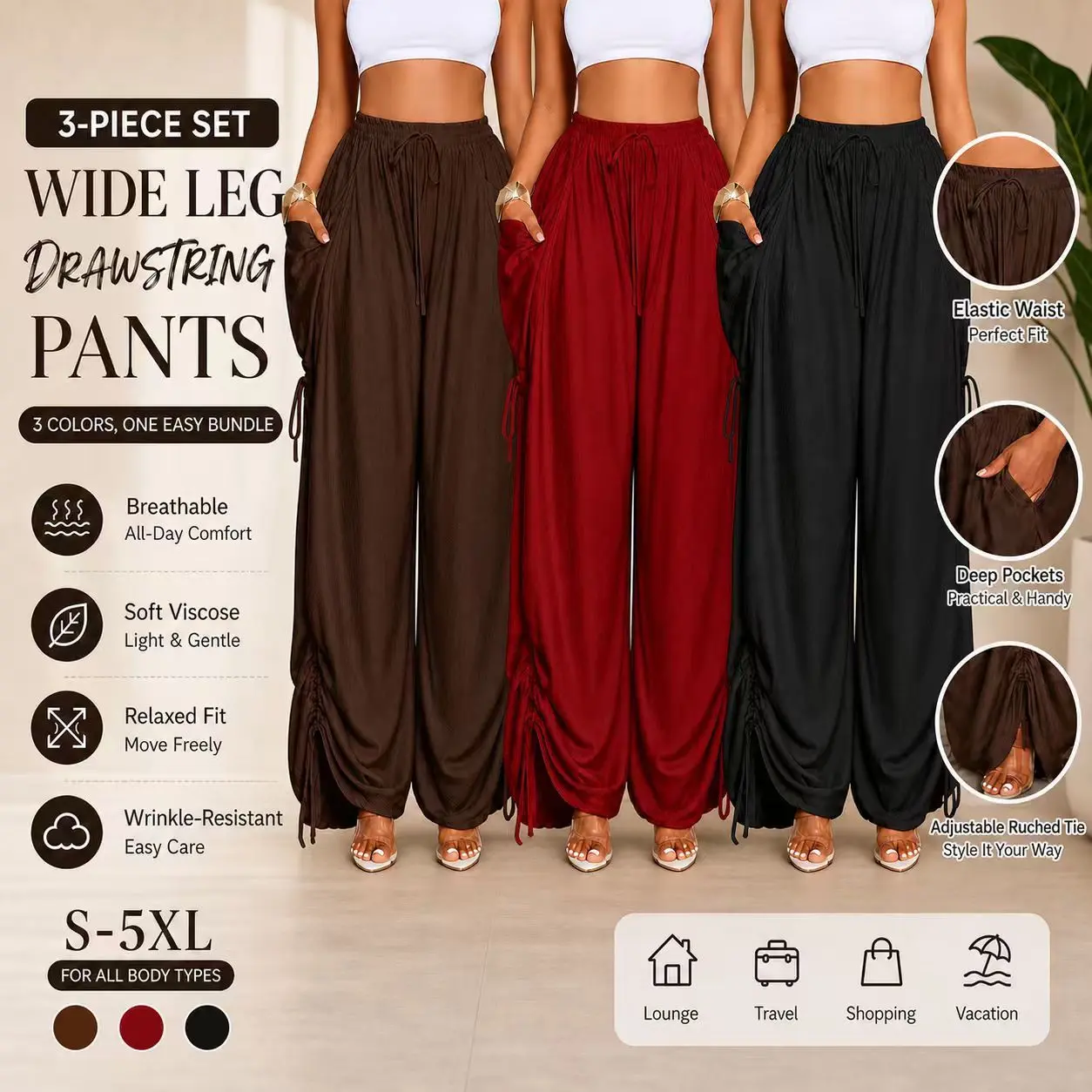 Women’s 3 Piece Wide Leg Pants Set, High Waisted Drawstring Palazzo Pants, Soft Viscose Flowy Trousers with Deep Pockets, Lightweight Breathable Summer Casual Lounge Pants, Loose Fit Travel Vacation Outfit for Women, Elastic Waist Pants Bundle S-5XL