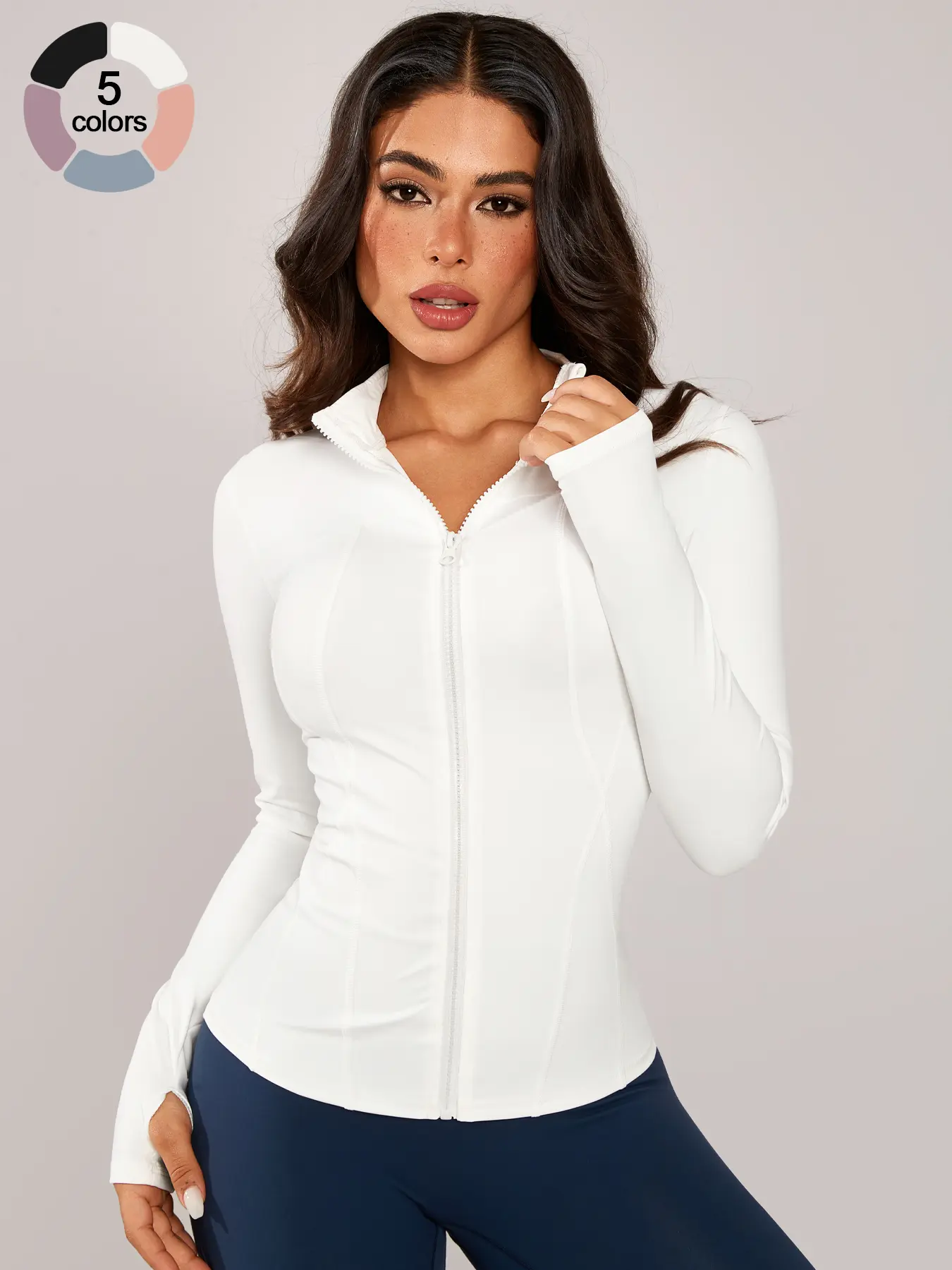 Women's Stand Collar Zip Front Jacket, Thumb Hole Design, Comfortable Sweat Wicking Breathable Training Long Sleeve Lightweight Sports Jacket for Gym & Outdoor Cycling, Athletic Jackets, Sports Outerwear, Sporty Breathable Outerwear