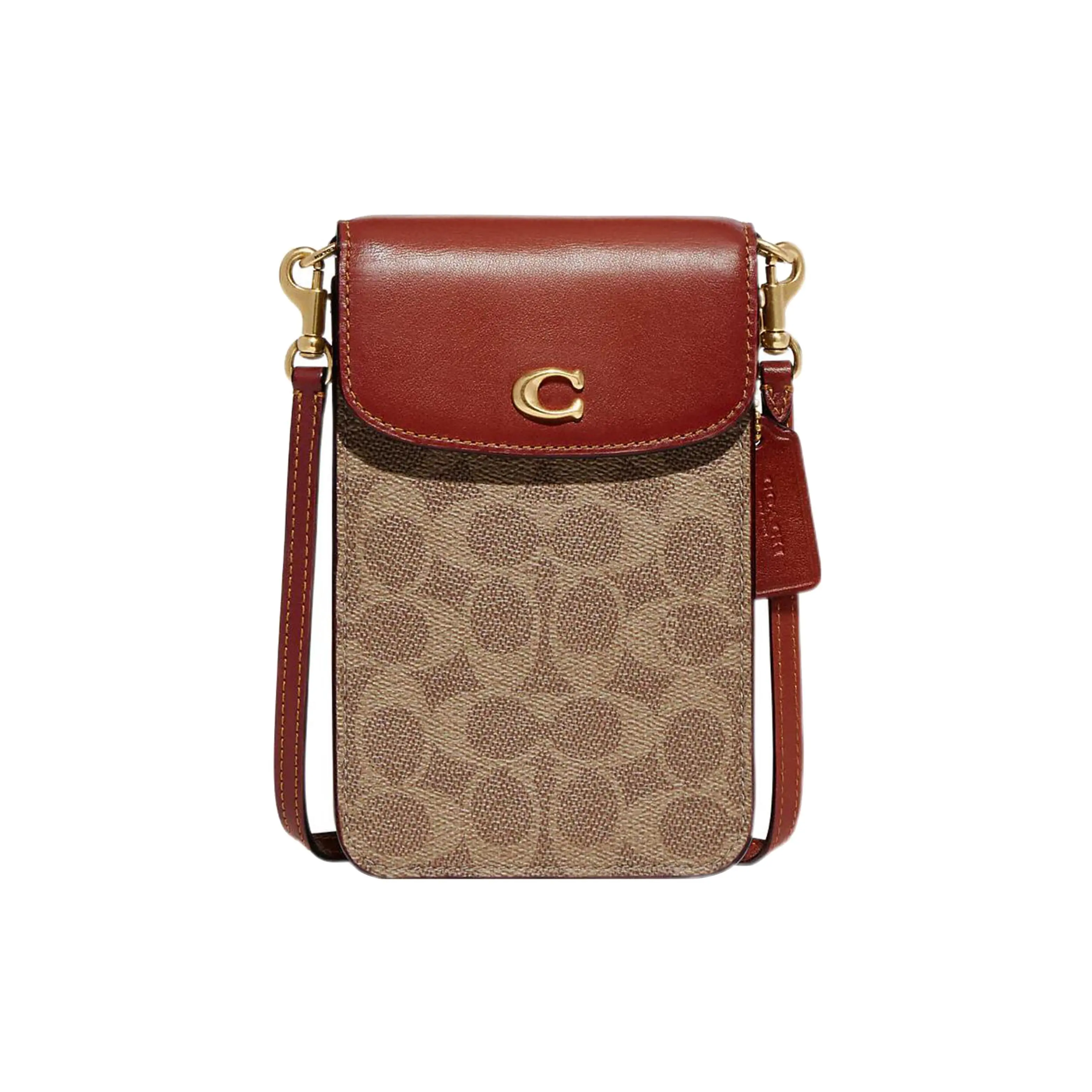 COACH Mini Crossbody Phone Bag for Women – Embossed Logo, Coated Canvas and Leather, Brown and Dark Red