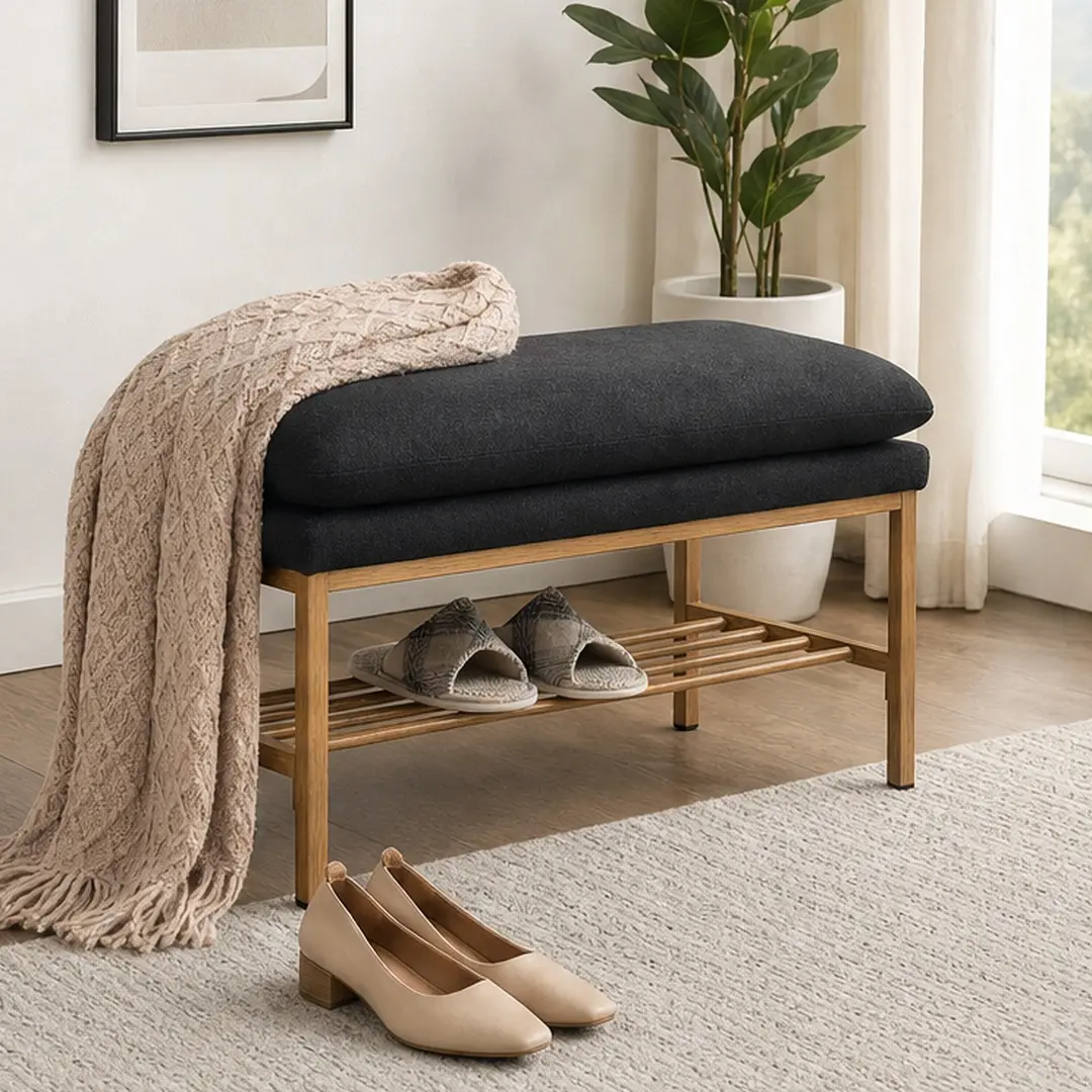 ARCH Linen Upholstered Storage Bench with Shelf, End of Bed Bench with Metal Legs, Modern Shoe Bench for Entryway, Living Room, Dining Room, 300 LB Capacity, Black Polyester Blend, 32x14.2x17.7 Inches, Black Color Options, Polyester Blend Material
