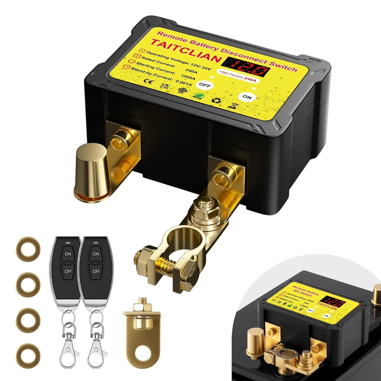 240A 12V 24V Remote Battery Disconnect Switch with LED Display| Battery Kill Switch, 0.001A Low Standby, Relay Anti Drain for Most Vehicle Batteries Except VRLA