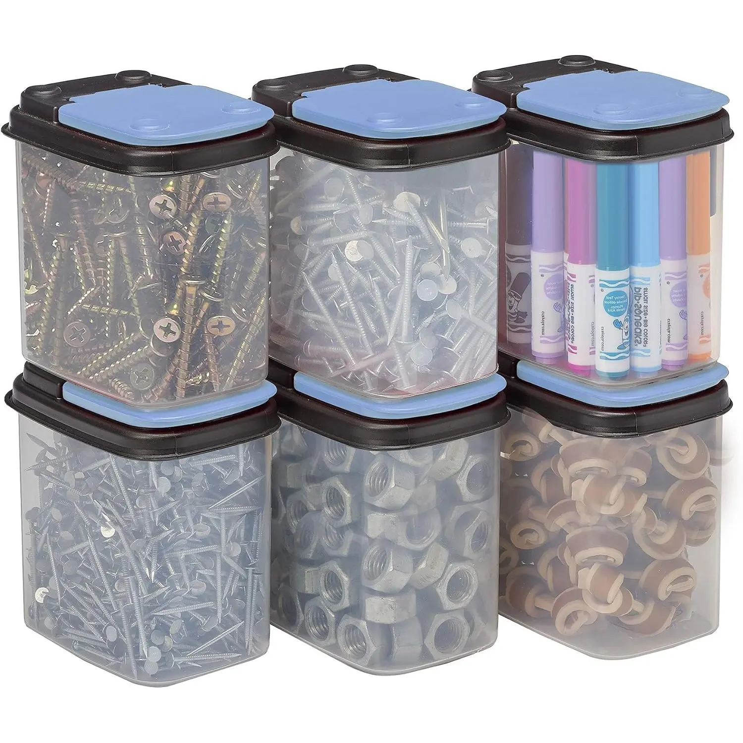 Multi-Purpose Hardware Storage Bins Bits and Bolts Small Storage Containers, Hardware Organizers, Clear Containers With Blue Stackable Lids, Bolt and Screw Organizer (1 Quart - 8 Pack)