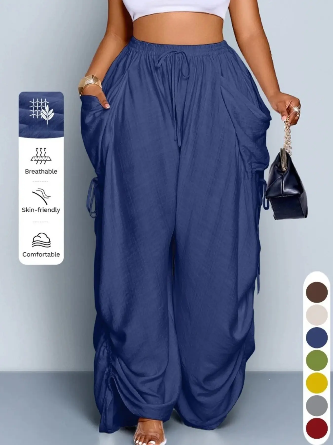 High-Waisted Adjustable Drawstring Linen Straight Leg Pants, Multi-Color Options, Casual Comfortable Home Wear, Spring & Fall Outerwear