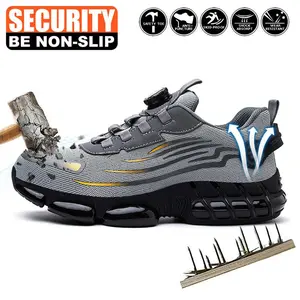 Men's Steel Toe Safety Shoes Puncture Proof Smash Proof Swivel Button Grey Mesh Work Boots for Outdoor Construction Dustproof Durable Non-Slip Outsole