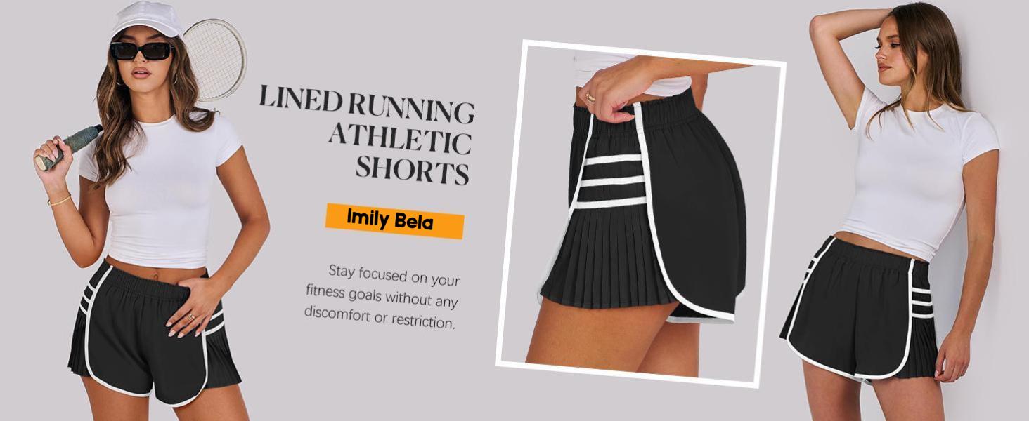 Imily Bela Womens Workout Gym Shorts Running Pleated Contrast Stitch Elastic Waist Athletic Quick Dry Shorts