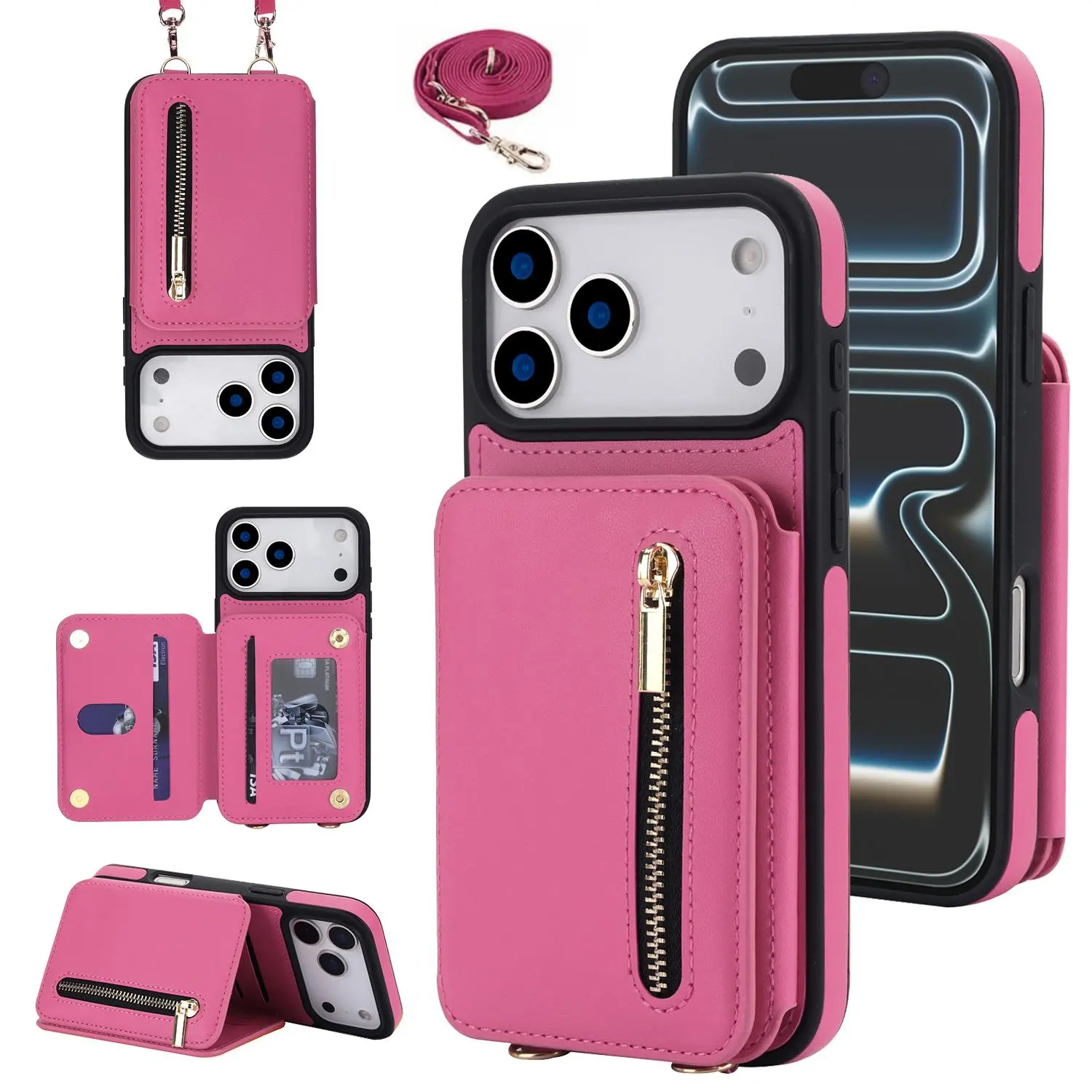 RFID Crossbody Wallet Phone Case Accessories for iPhone Series (Multi-Model: 17/16/15/14/13/12 Pro Max), PU Leather Case with Card Holder, Credit Card Slots, Adjustable Strap & Shockproof Protection