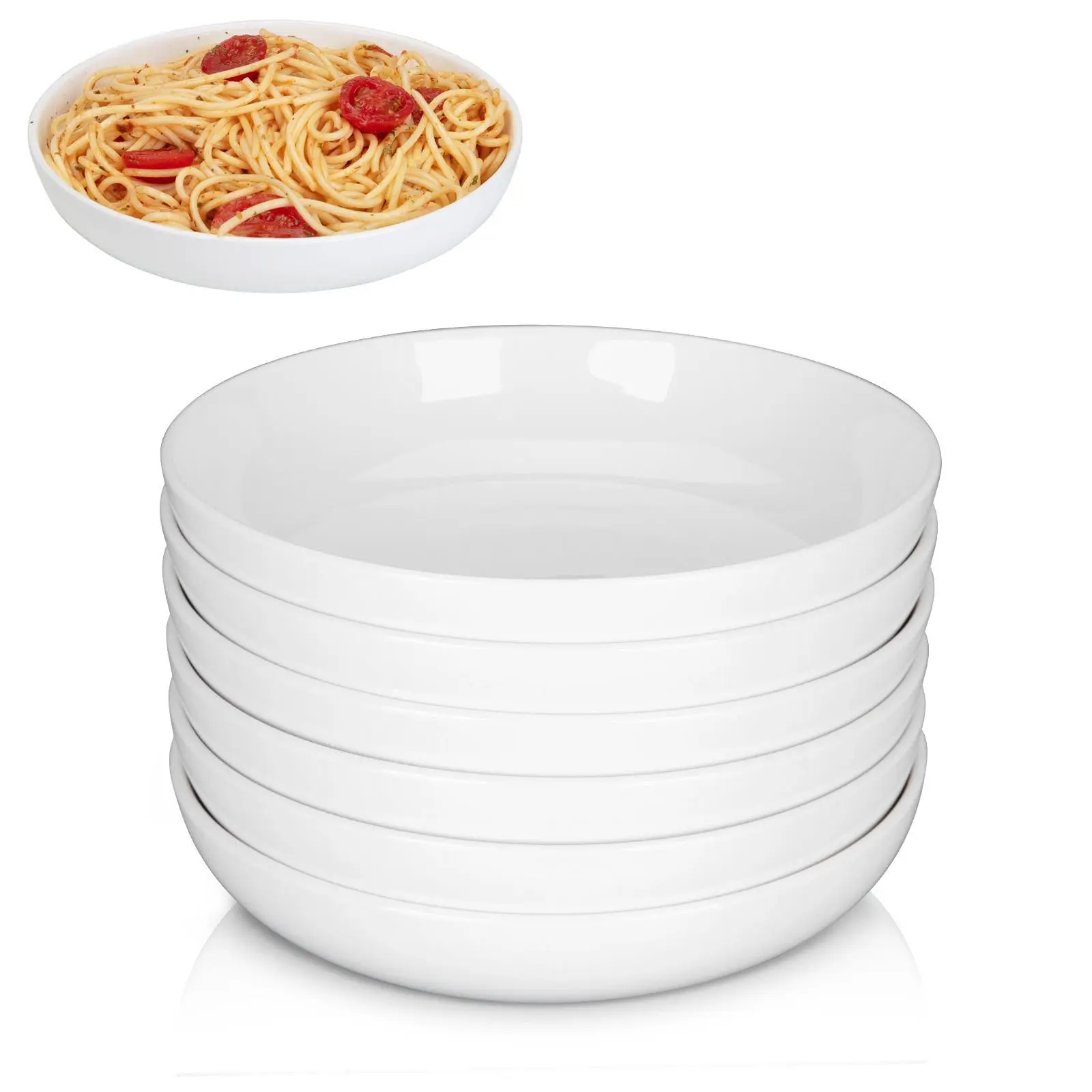 White Professional 6-Piece Ceramic Bowl Set - 8-in Diameter, 2-in Height, 22oz Large Shallow Bowls & Dinner Plates, Stackable, Microwave-Dishwasher Safe, Food Grade, Decorative, Ideal for Pasta, Wedding Dining Services