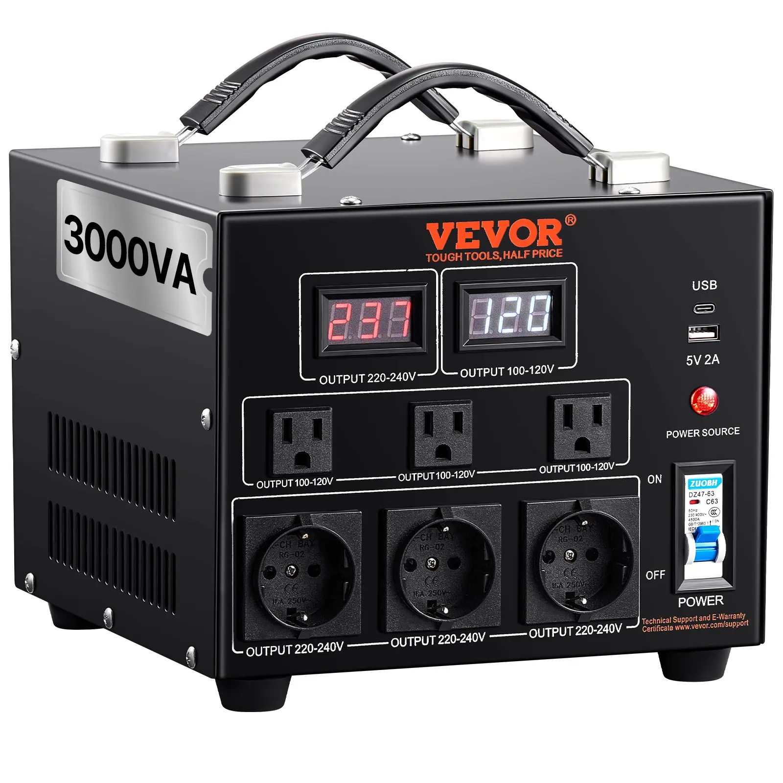 【DealsForYouDays】VEVOR Power Converter, 3000W, Durable Step Up/Down Unit, Switches between 110V and 220V, Includes US and EU Outlets plus 5V USB, CE Approved