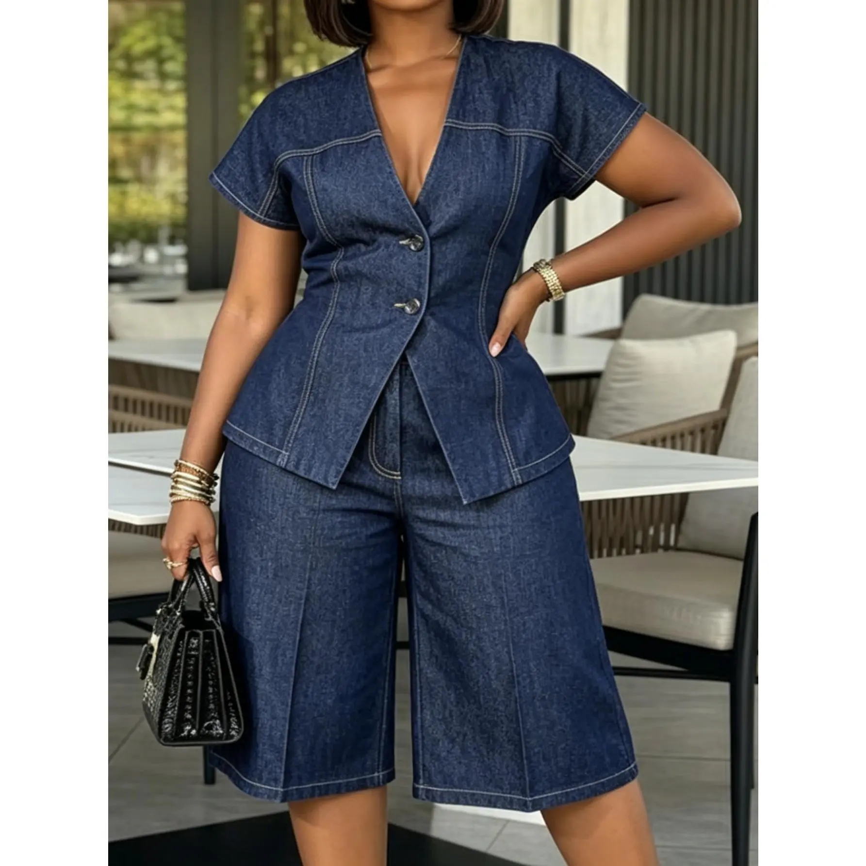 Women's Denim Two-piece Set - Comfort Temperament Denim Versatile Casual Top Breasted Suit Version Wide Leg Pants