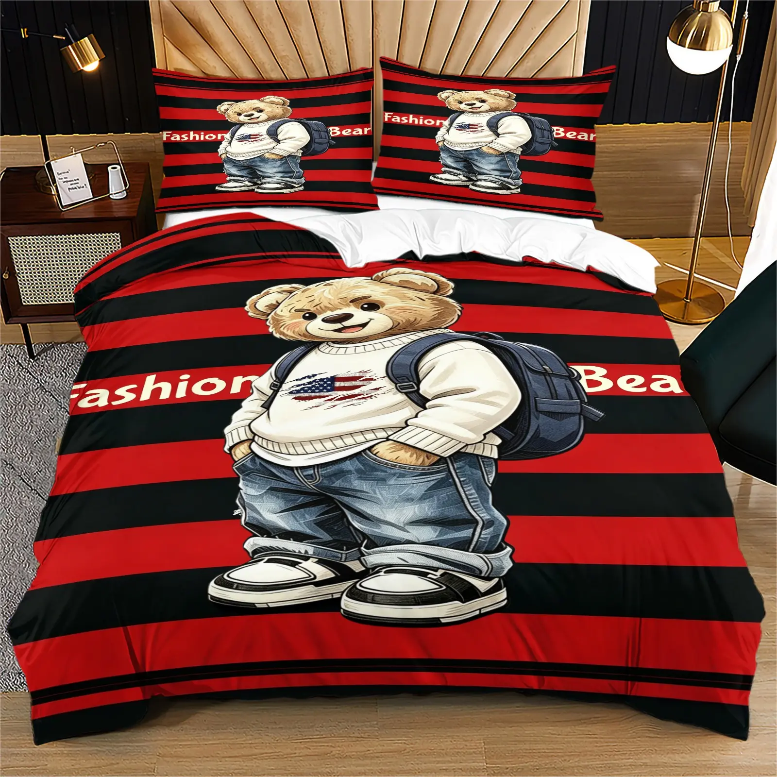 cute cartoon teddy bear print pattern soft and durable bedding duvet cover set, Printed bedding set, including 1 duvet cover and 1 or 2 pillowcases, without duvet core and pillow core, suitable for children or adults as gifts, modern style bedroom