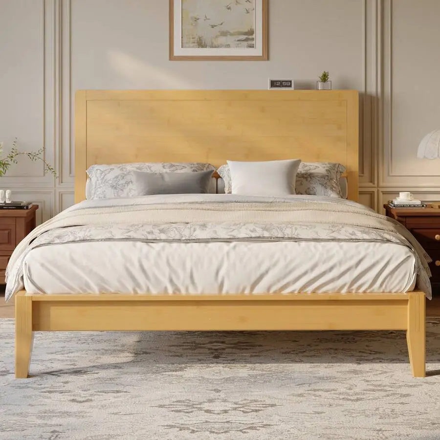 Full/Queen/Size Bamboo Bed Frame With Tall Headboard, Japanese Joinery Platform Bed, Sturdy Wood Slat Support, 7.9" Under-Bed Storage, No Box Needed, Easy Assembly, Light Brown