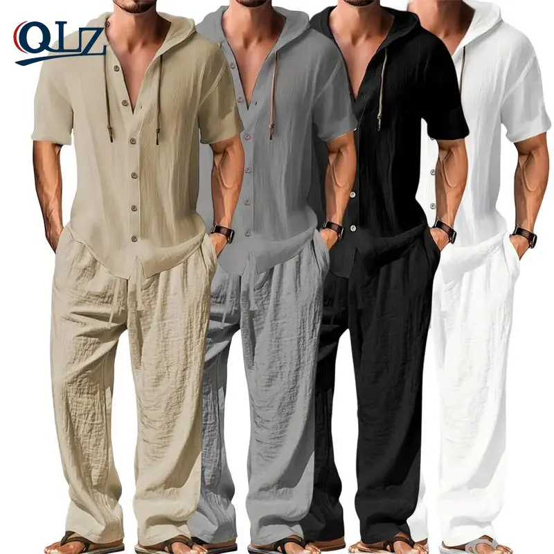 Men's 2-Piece Linen Washed Athletic Set - Stylish Plain Hooded Drawstring Sweatshirt, Loose Breathable Thin Fabric Wide-Leg Pants, Black + White Shortsleeve Casual Vacation Summer Menswear, Men's 2 Piece Sets, 2 Piece Mens